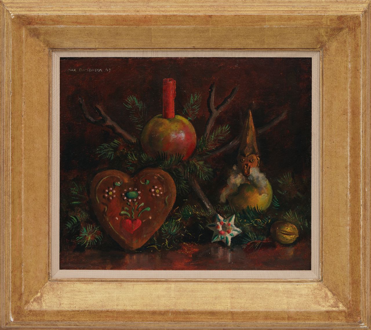 Rimböck M.  | Max Rimböck | Schilderijen te koop aangeboden | Kerststilleven, olieverf op schildersboard 29,4 x 35,3 cm, gesigneerd linksboven en gedateerd '49