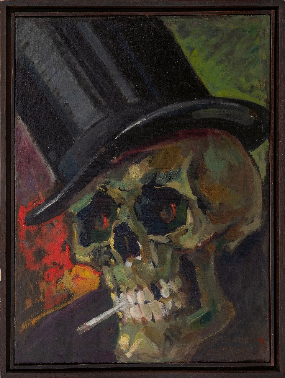 Hollandse School, ca. 1900   | Hollandse School, ca. 1900 | Schilderijen te koop aangeboden | Schedel met brandende sigaret en hoge hoed (memento mori), olieverf op doek 59,9 x 44,8 cm, gesigneerd Ch. Brees en 1892