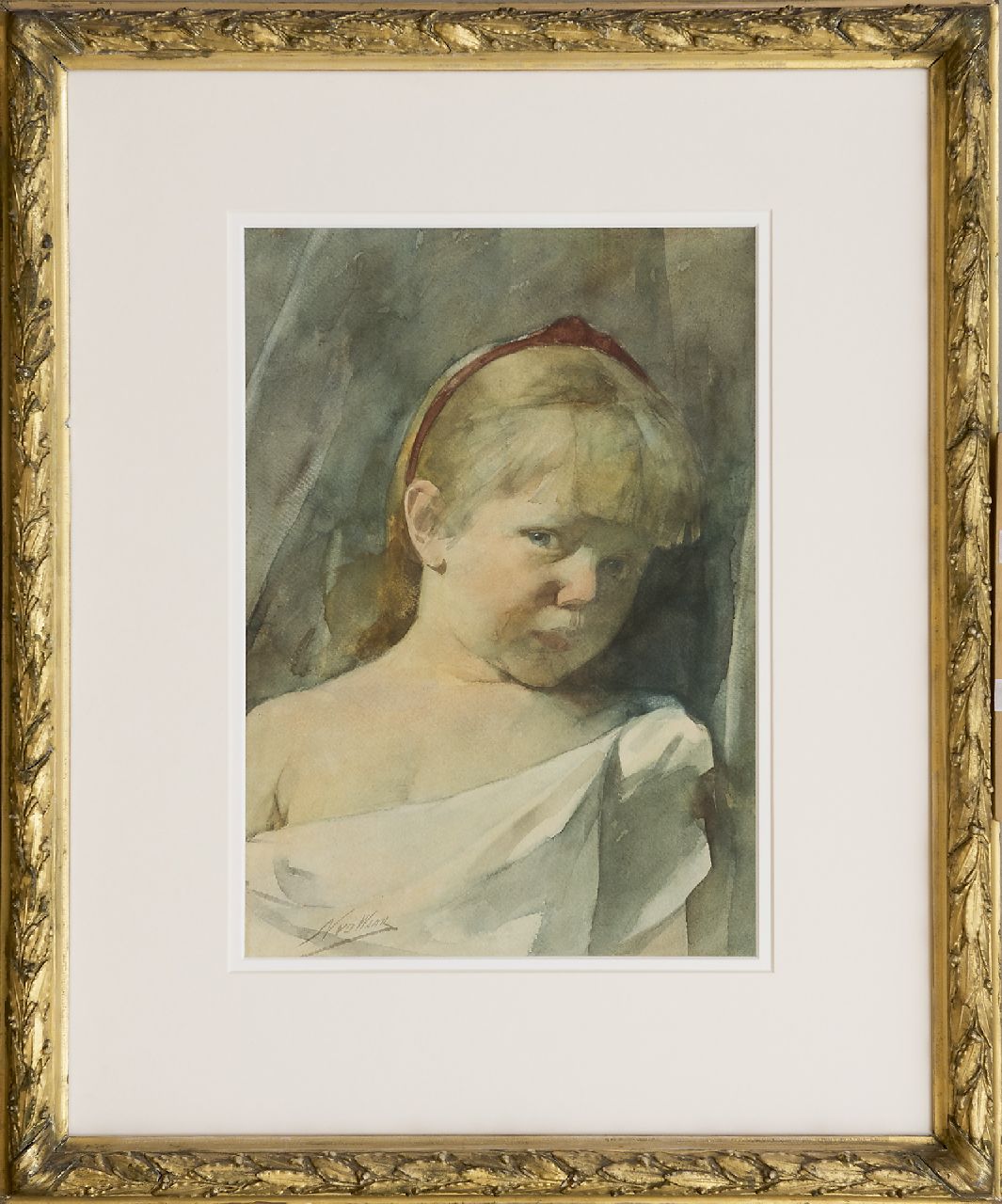 Waay N. van der | Nicolaas van der Waay | Aquarellen en tekeningen te koop aangeboden | Meisjesportret, aquarel op papier 49,5 x 34,3 cm, gesigneerd linksonder