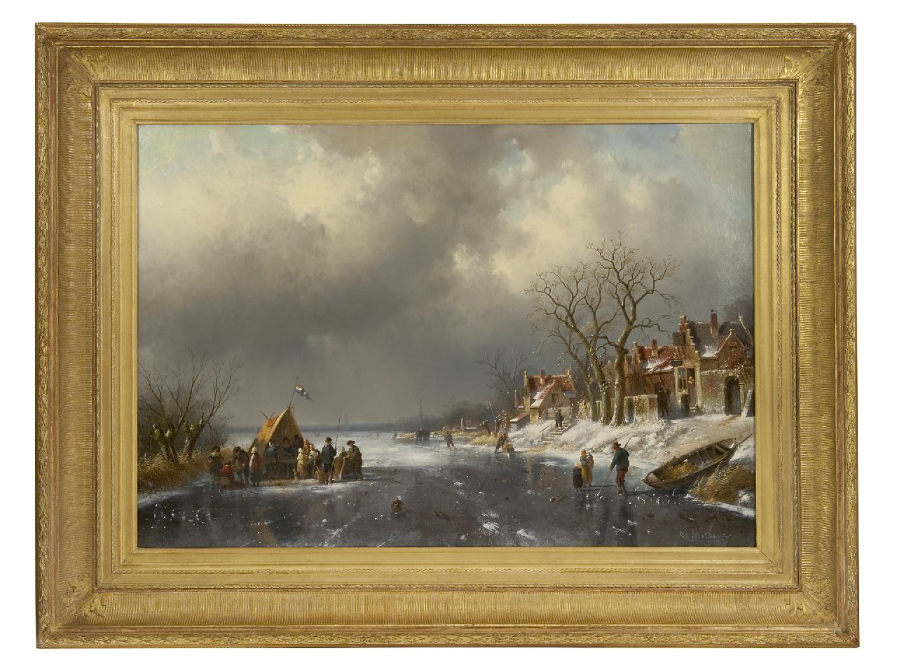 Leickert C.H.J.  | 'Charles' Henri Joseph Leickert, Koek-en-zopie op het ijs aan de rand van een dorp, olieverf op doek 71,4 x 103,2 cm, gesigneerd rechtsonder