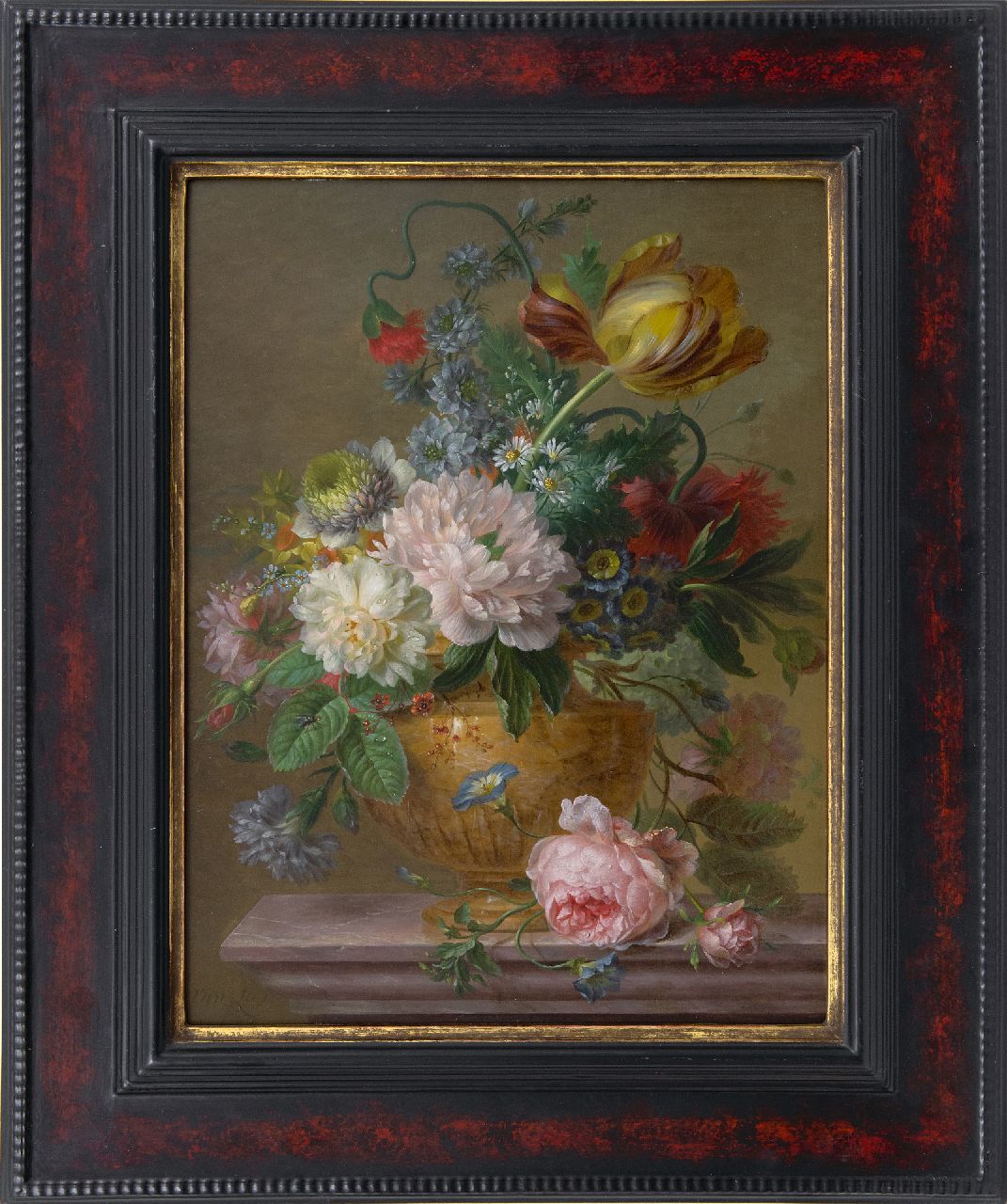 Leen W. van | Willem van Leen, Bloemstilleven met pioenrozen en tulpen, olieverf op paneel 48,8 x 36,7 cm, gesigneerd linksonder