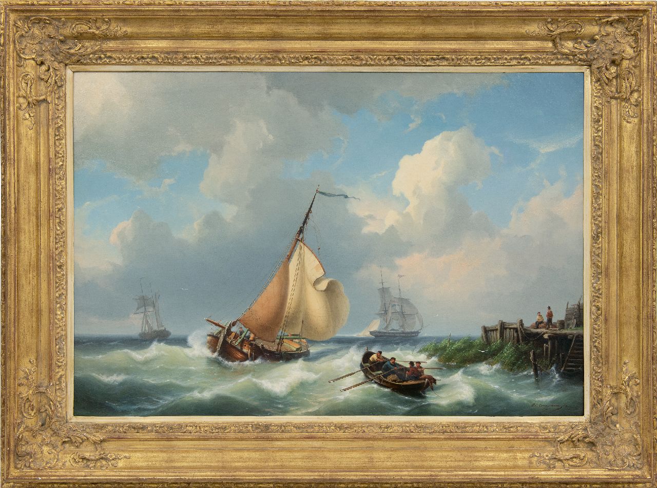 Dommelshuizen C.C.  | Cornelis Christiaan Dommelshuizen | Schilderijen te koop aangeboden | Zeilschepen voor de kust bij stormachtig weer, olieverf op doek 56,3 x 83,0 cm, gesigneerd rechtsonder en gedateerd 1861