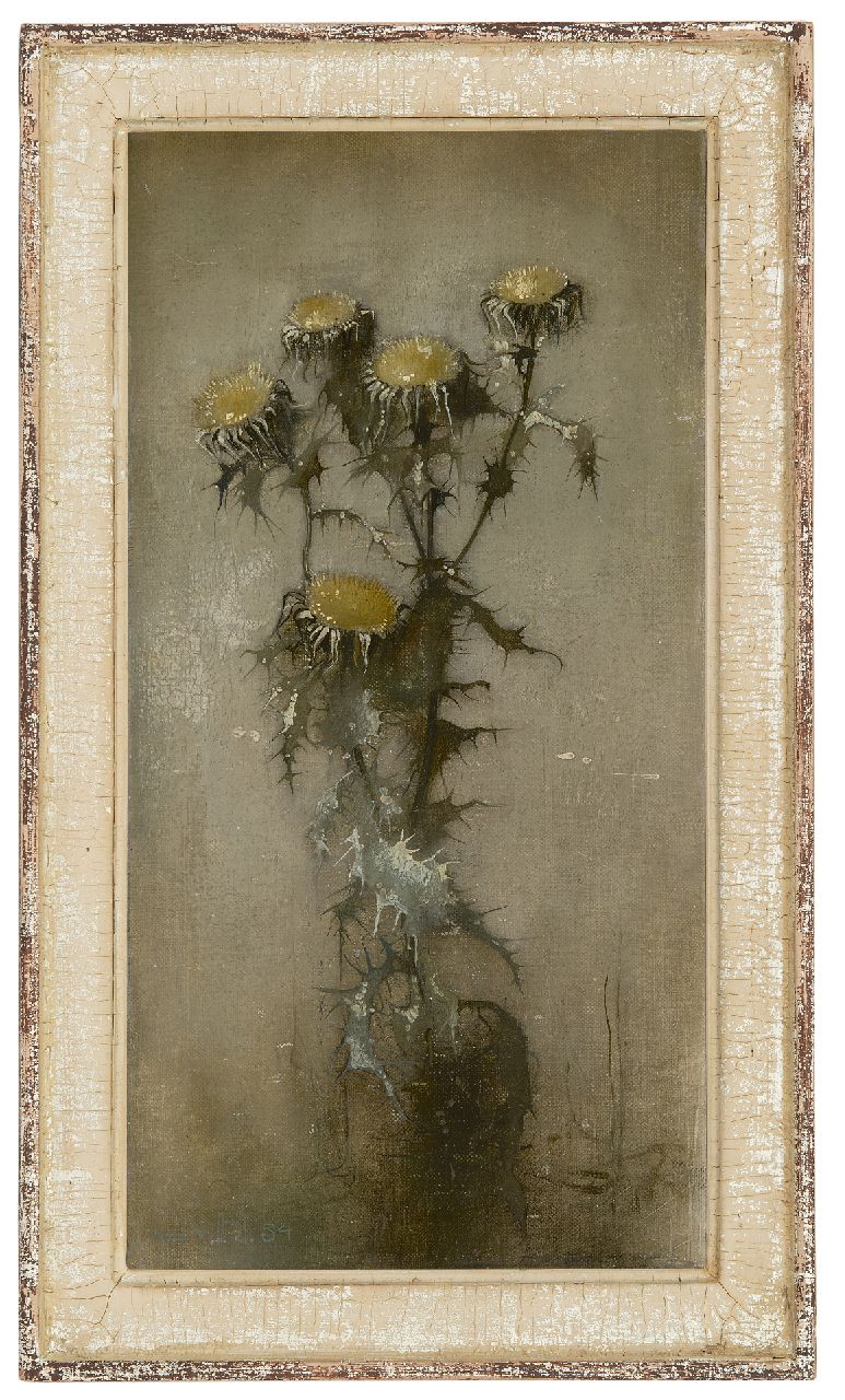 Hoboken J. van | Jacoba 'Jemmy' van Hoboken, Distel, olieverf op doek op paneel 25,8 x 13,1 cm, gesigneerd linksonder (onduidelijk) en gedateerd '34