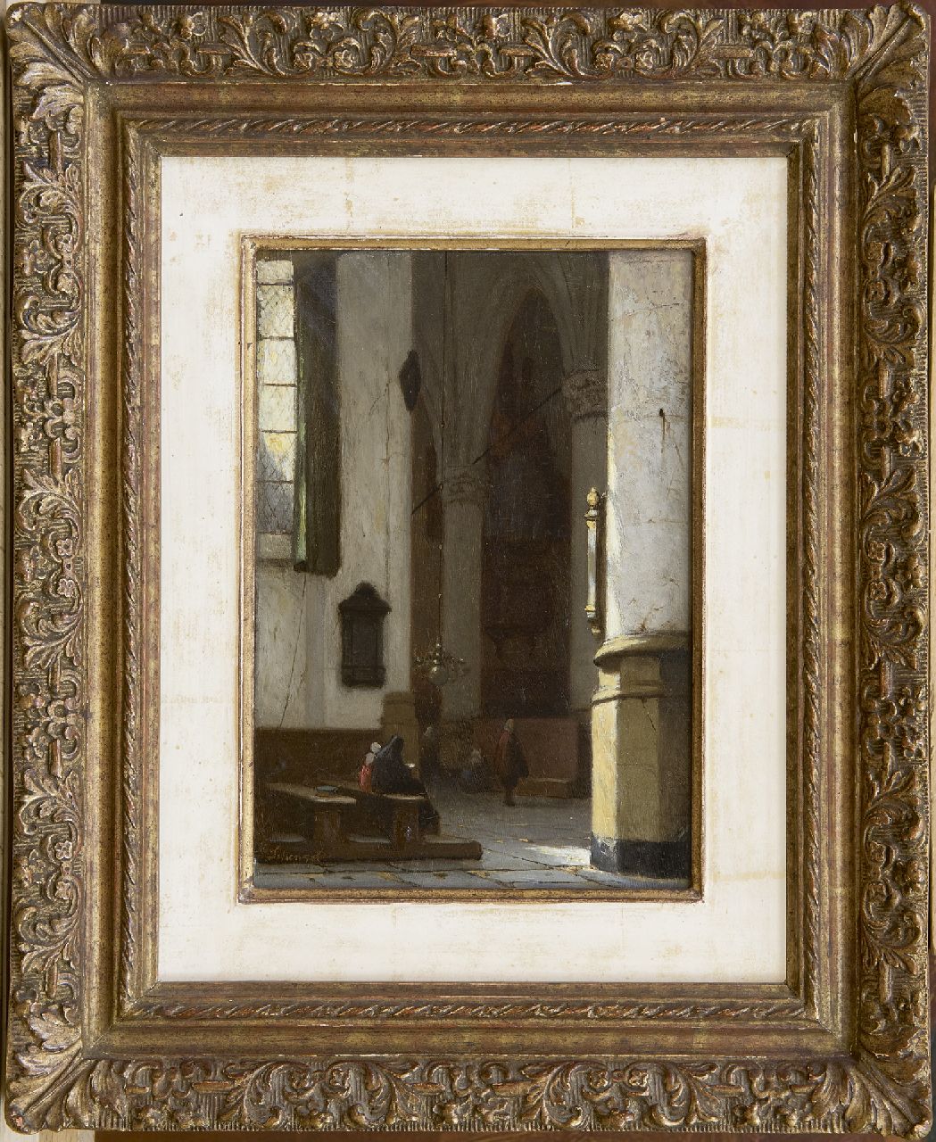 Schenkel J.J.  | Jan Jacob Schenkel, Interieur van de Hooglandse Kerk te Leiden, olieverf op paneel 21,4 x 15,1 cm, gesigneerd linksonder