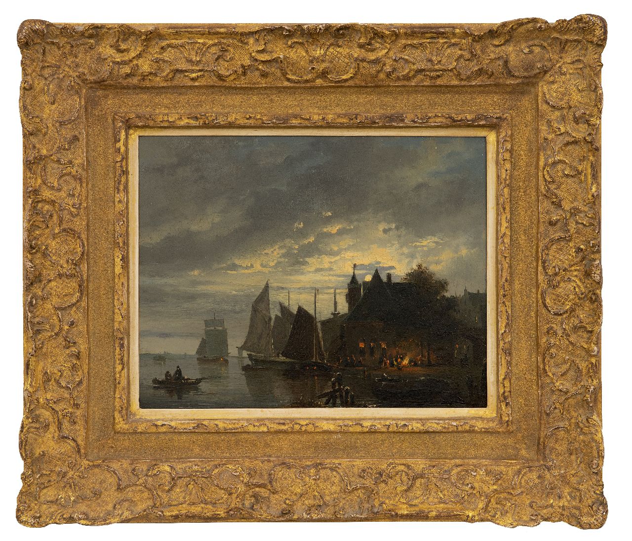 Cate H.G. ten | Hendrik Gerrit ten Cate | Schilderijen te koop aangeboden | Veerstoep en aangemeerde zeilschepen bij maanlicht, olieverf op paneel 25,1 x 32,0 cm