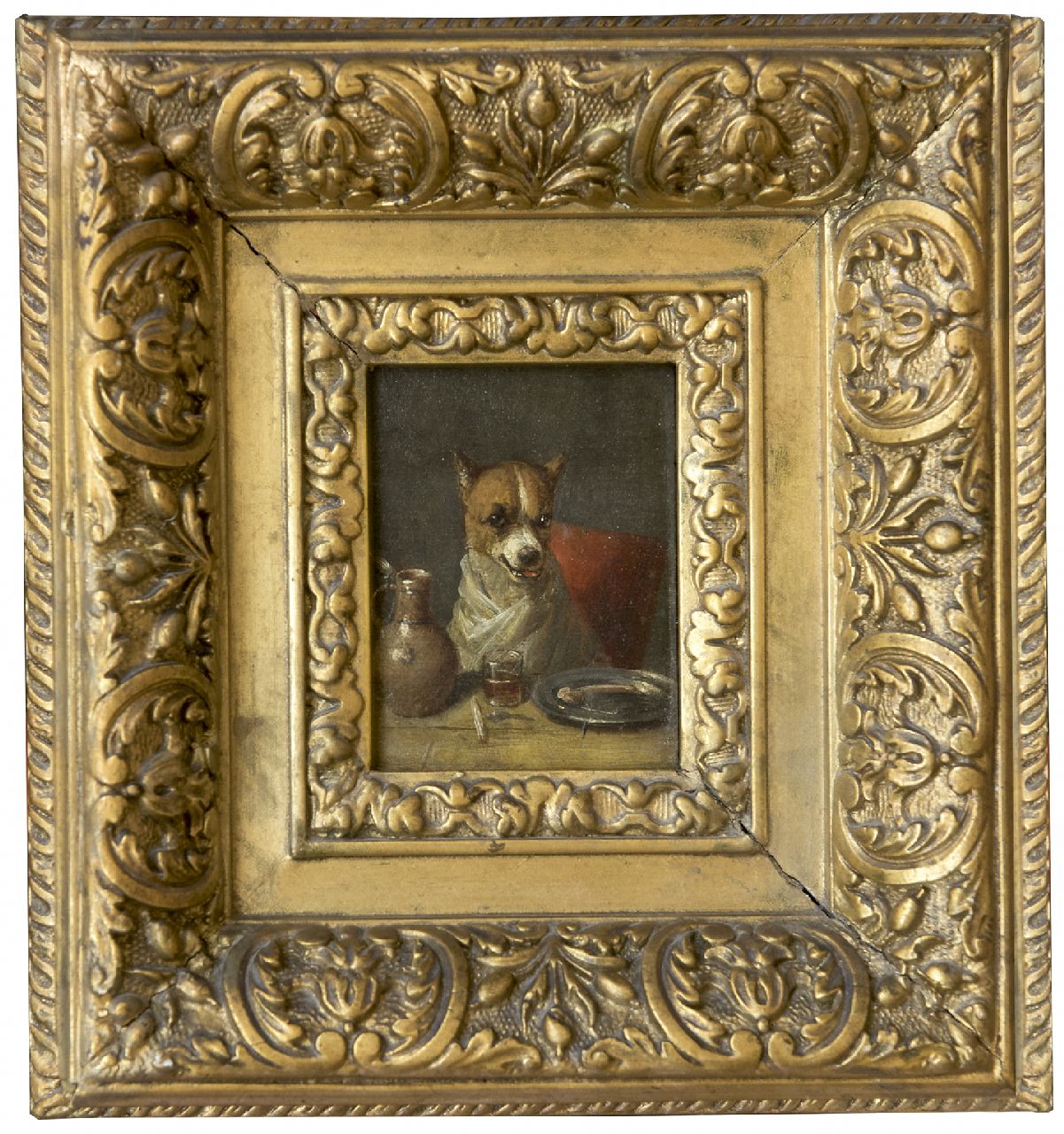 Eycken Ch. van den | Charles van den Eycken, De fijnproever: een hond aan tafel, olieverf op paneel 7,5 x 5,6 cm, gesigneerd linksboven met monogram en gedateerd '77