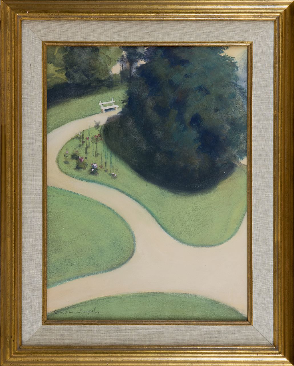 Hampel C.  | Charlotte Hampel, Het witte bankje, krijt en gouache op papier 44,3 x 32,7 cm, gesigneerd linksonder en te dateren na 1897