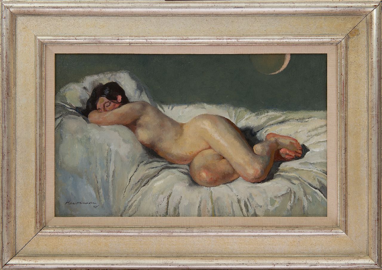 Haverman H.J.  | Hendrik Johannes Haverman | Schilderijen te koop aangeboden | Liggend naakt bij zonsverduistering, olieverf op doek 31,1 x 50,3 cm, gesigneerd linksonder