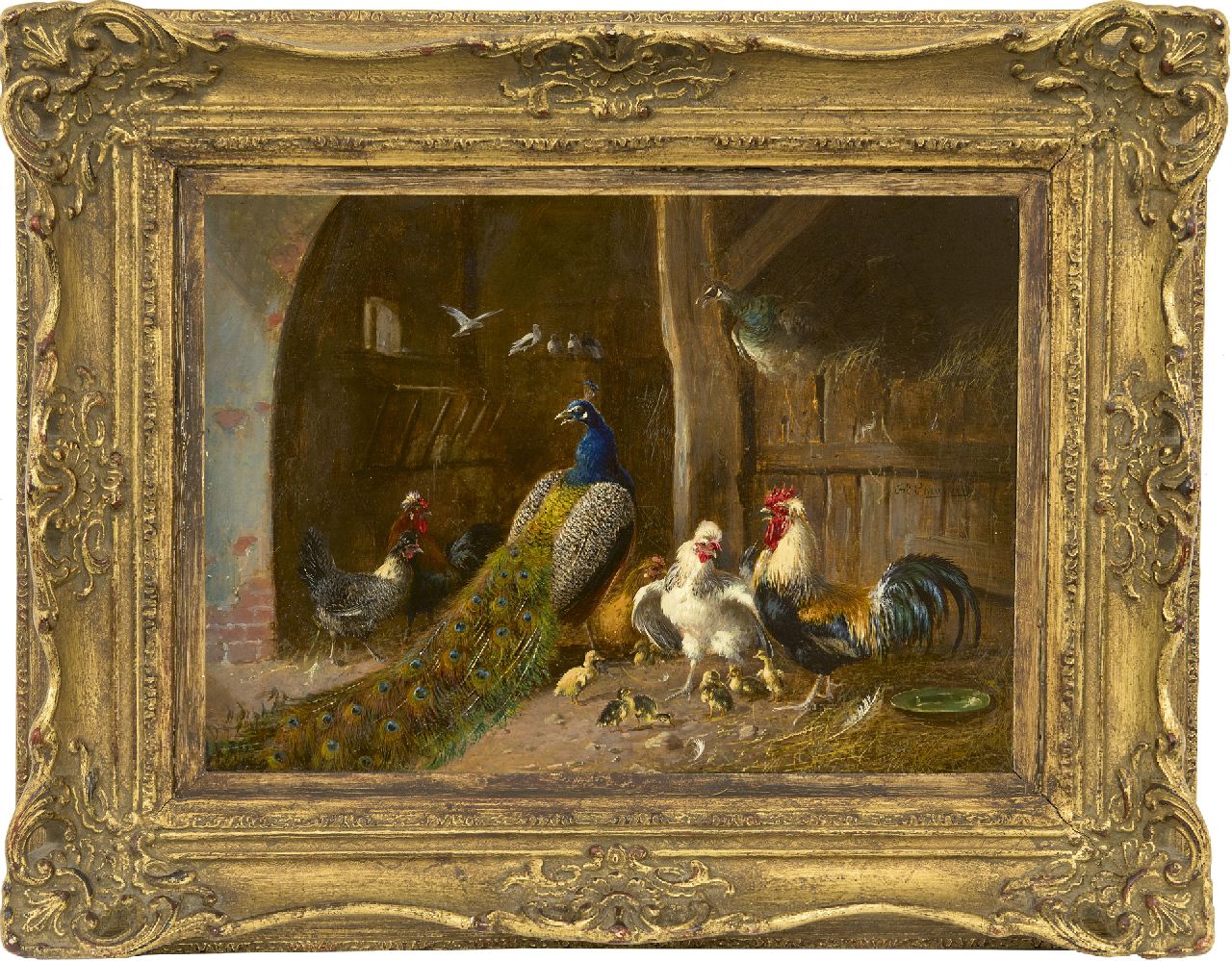 Scheuerer J.  | Julius Scheuerer, Pauwenpaar met haan en kippen in de schuur, olieverf op paneel 22,2 x 31,1 cm, gesigneerd rechts van het midden