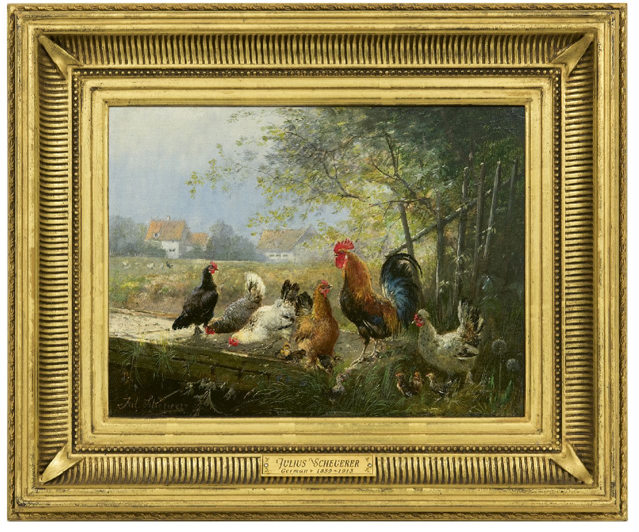 Scheuerer J.  | Julius Scheuerer, Haan met zijn kippen, olieverf op paneel 18,7 x 24,4 cm, gesigneerd linksonder
