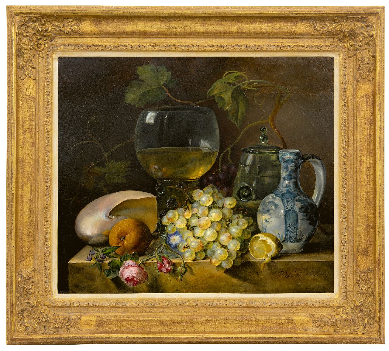 Woensel P. van | Petronella van Woensel, Stilleven met een roemer, schelp en druiven, olieverf op paneel 50,8 x 58,9 cm, gesigneerd rechtsonder