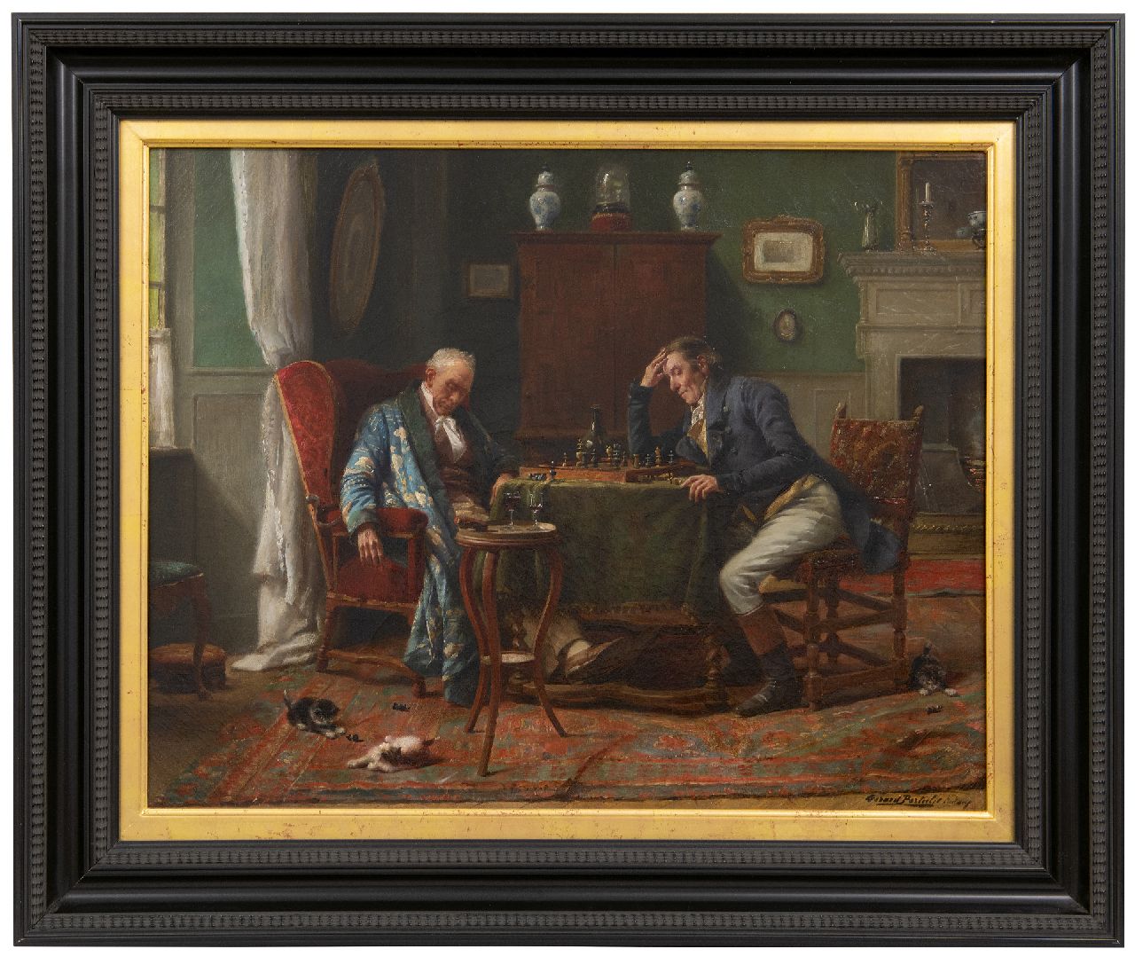 Portielje G.J.  | 'Gerard' Joseph Portielje | Schilderijen te koop aangeboden | Bij het schaakspel is het wakker blijven, olieverf op doek 46,7 x 58,5 cm, gesigneerd rechtsonder