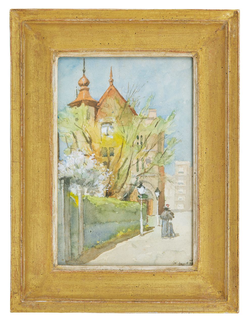 Zwart W.D. | 'Willem' Dirk Zwart, Wandelende dame in zomers Den Haag, aquarel op papier 22,8 x 15,1 cm, gesigneerd rechtsonder en gedateerd mei '99 Zwart W.D. | 'Willem' Dirk Zwart, Wandelende dame in zomers Den Haag, aquarel op papier 22,8 x 15,1 cm, gesigneerd rechtsonder en gedateerd mei '99