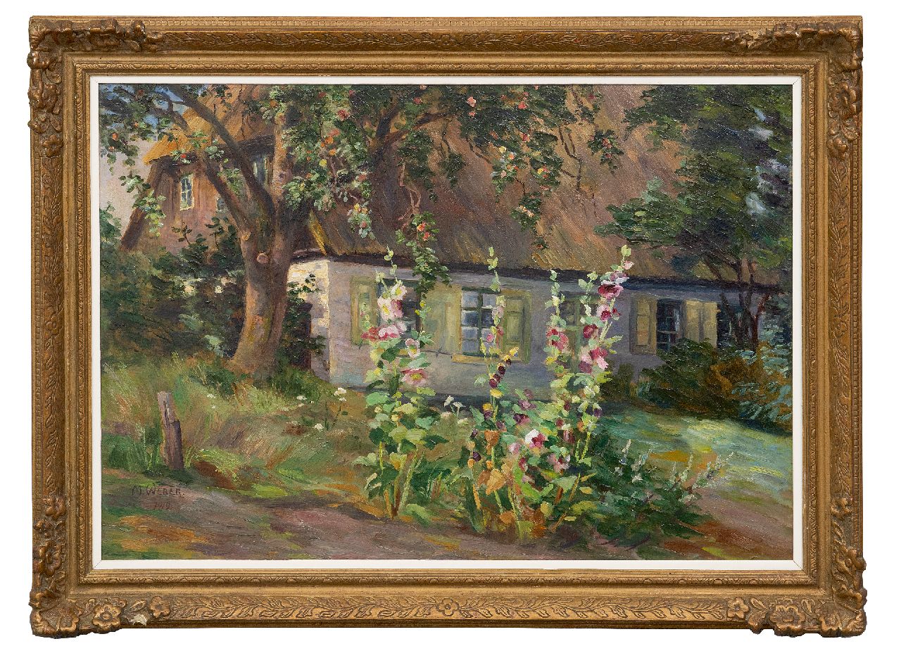 Weber M.  | Marie Weber | Schilderijen te koop aangeboden | Stokrozen bij een boerderij, olieverf op board 34,8 x 49,8 cm, gesigneerd linksonder en verso met stempel op etiket en gedateerd 1919