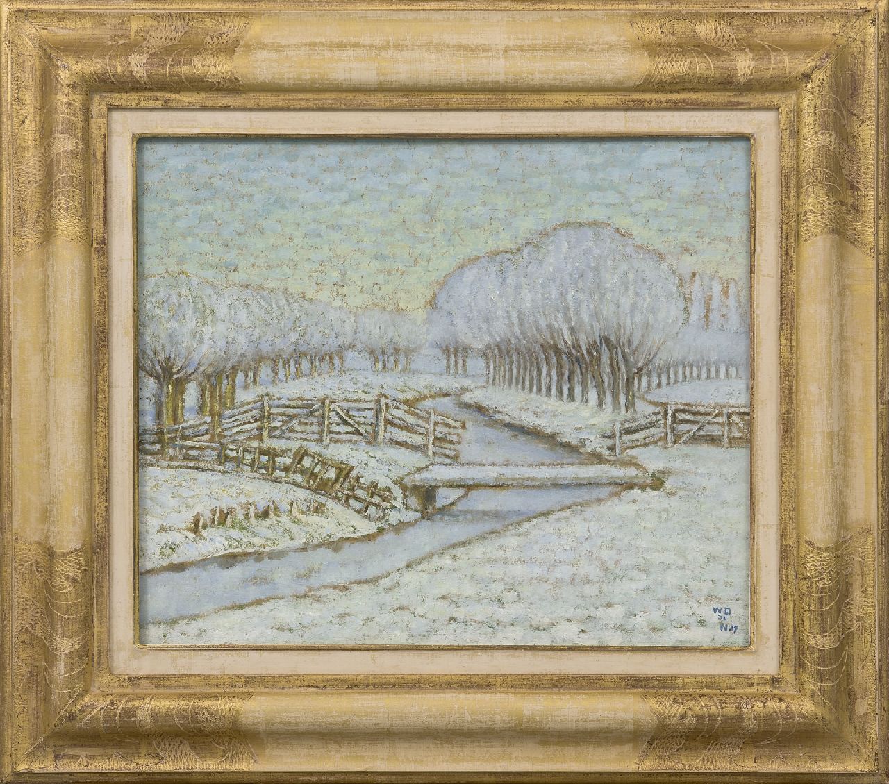 Degouve de Nuncques W.  | William Degouve de Nuncques, Bomenrij in Hollands sneeuwlandschap, olieverf op board 31,3 x 37,7 cm, gesigneerd rechtsonder met initialen en gedateerd '17