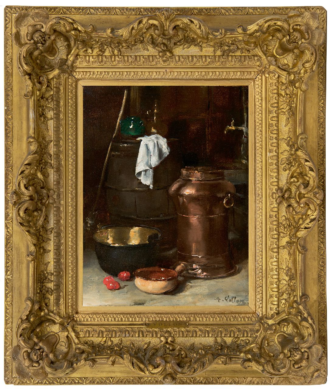Vollon A.  | Antoine Vollon | Schilderijen te koop aangeboden | Stilleven met koperen vat en kookpot, olieverf op paneel 32,3 x 24,3 cm, gesigneerd rechtsonder