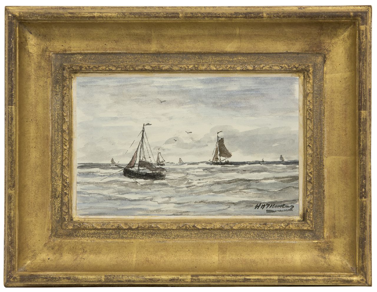 Mesdag H.W.  | Hendrik Willem Mesdag, Vissersschepen in de branding, Scheveningen, aquarel op papier 13,2 x 21,0 cm, gesigneerd rechtsonder