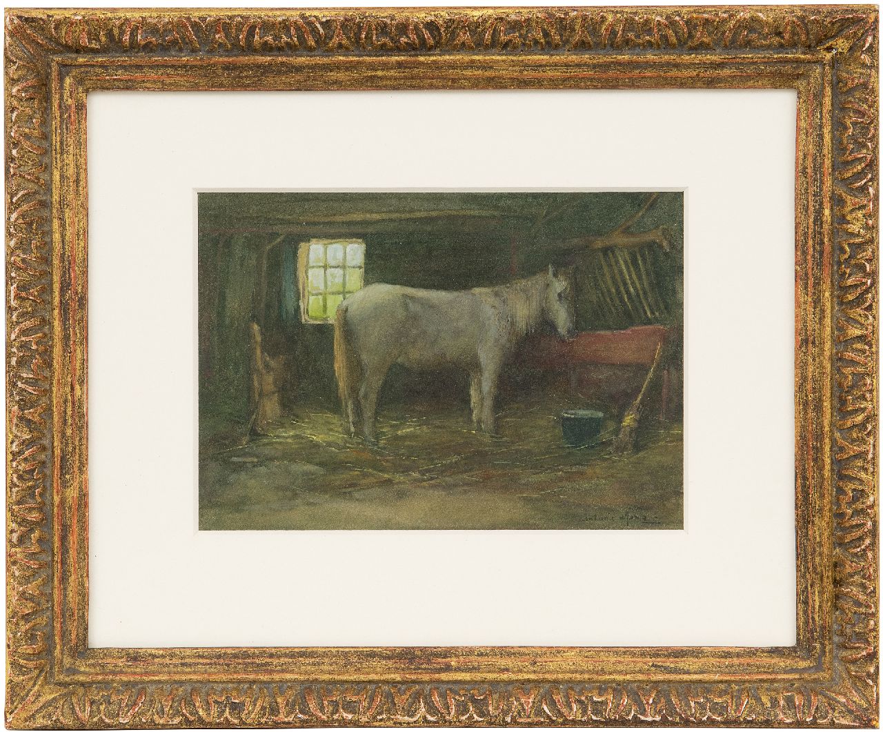 Jong A.G. de | 'Antonie' Gerardus de Jong | Aquarellen en tekeningen te koop aangeboden | Schimmel in een stal, aquarel op papier 13,6 x 19,6 cm, gesigneerd rechtsonder