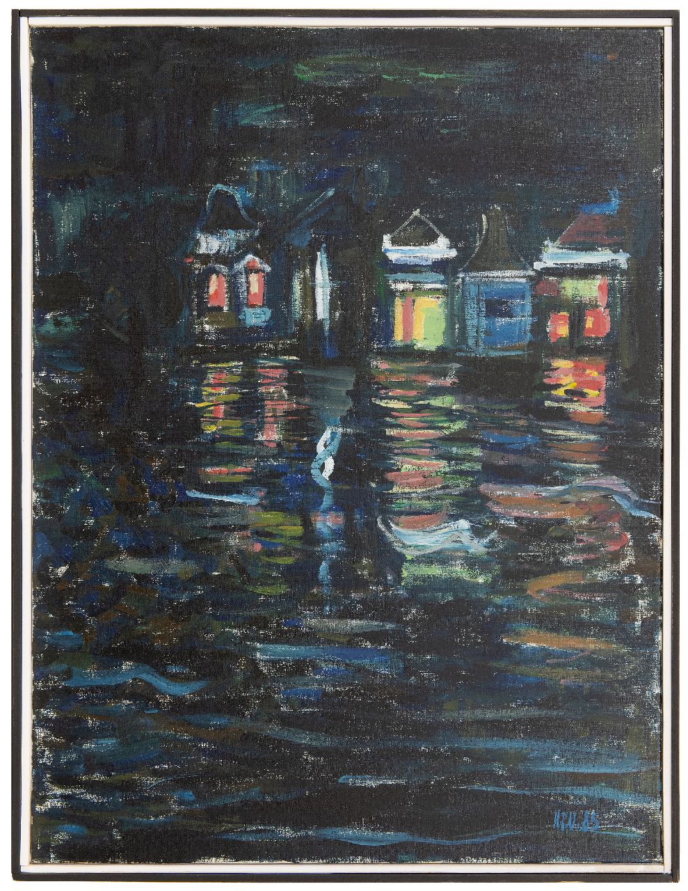 Post Uiterweer H.  | Hans Post Uiterweer | Schilderijen te koop aangeboden | Huizen aan het water, olieverf op doek 80,0 x 60,0 cm, gesigneerd rechtsonder met initialen en gedateerd '85