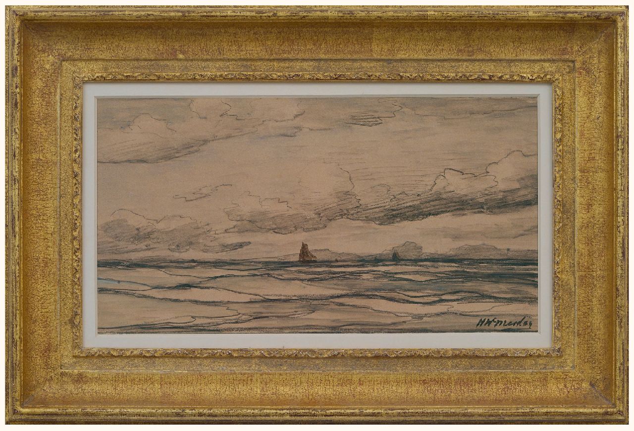 Mesdag H.W.  | Hendrik Willem Mesdag, Zee met bomschuiten in de verte, zwart krijt op papier 18,0 x 34,2 cm, gesigneerd rechtsonder