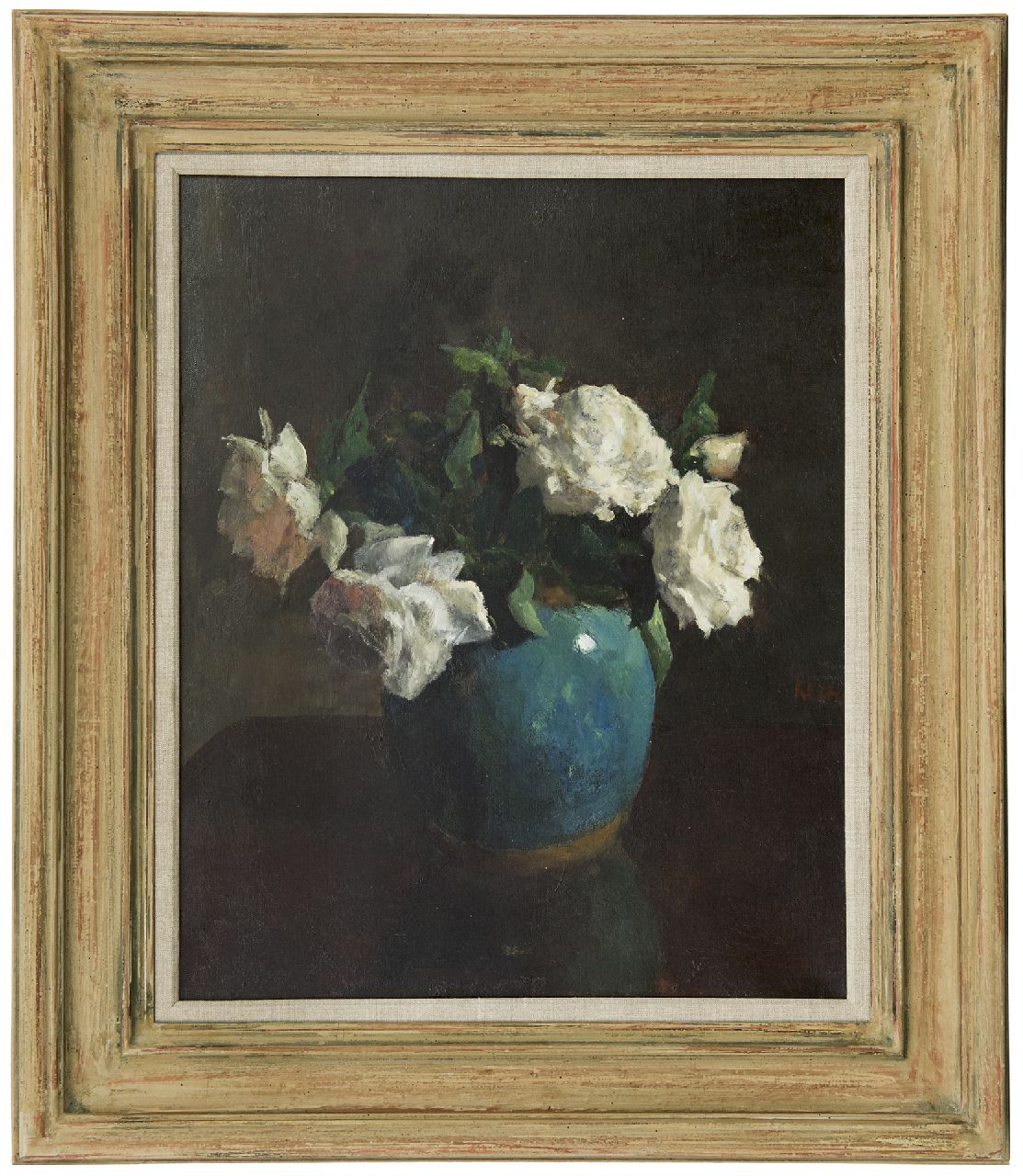 Kever J.S.H.  | Jacob Simon Hendrik 'Hein' Kever, Witte rozen in azuurblauwe vaas, olieverf op doek 53,5 x 43,7 cm, gesigneerd rechts van het midden