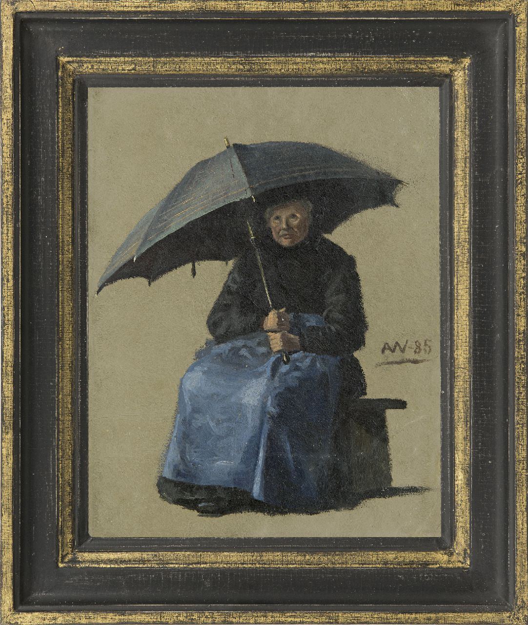 Wengberg A.E.  | 'Anna' Emilia Wengberg, Een vrouw zittend onder een paraplu, olieverf op papier op board 33,5 x 26,0 cm, gesigneerd rechts van het midden met monogram en gedateerd '85