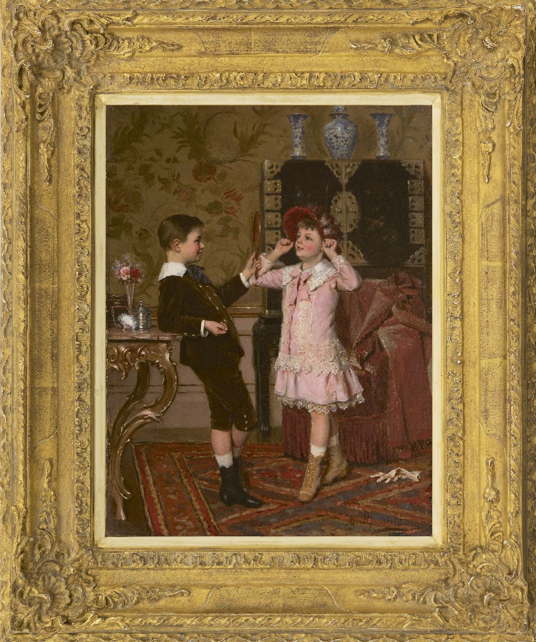 Roosenboom A.  | Albert Roosenboom, Het rode hoedje, olieverf op doek 34,4 x 26,3 cm, gesigneerd rechtsonder en gedateerd 1883