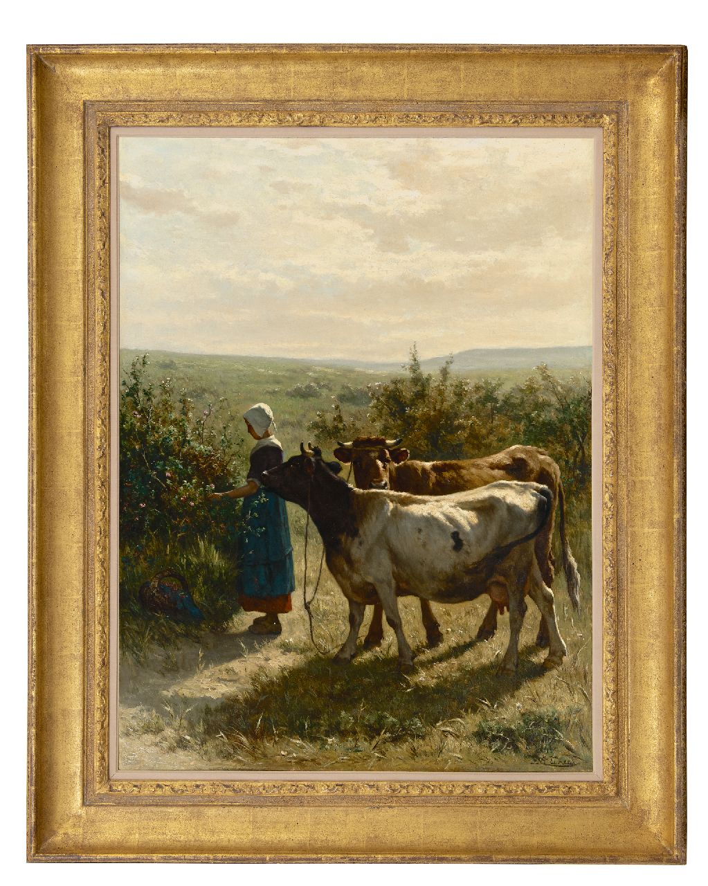 Haas J.H.L. de | Johannes Hubertus Leonardus de Haas, Jonge herderin met haar koeien, olieverf op doek 88,3 x 66,6 cm, gesigneerd rechtsonder