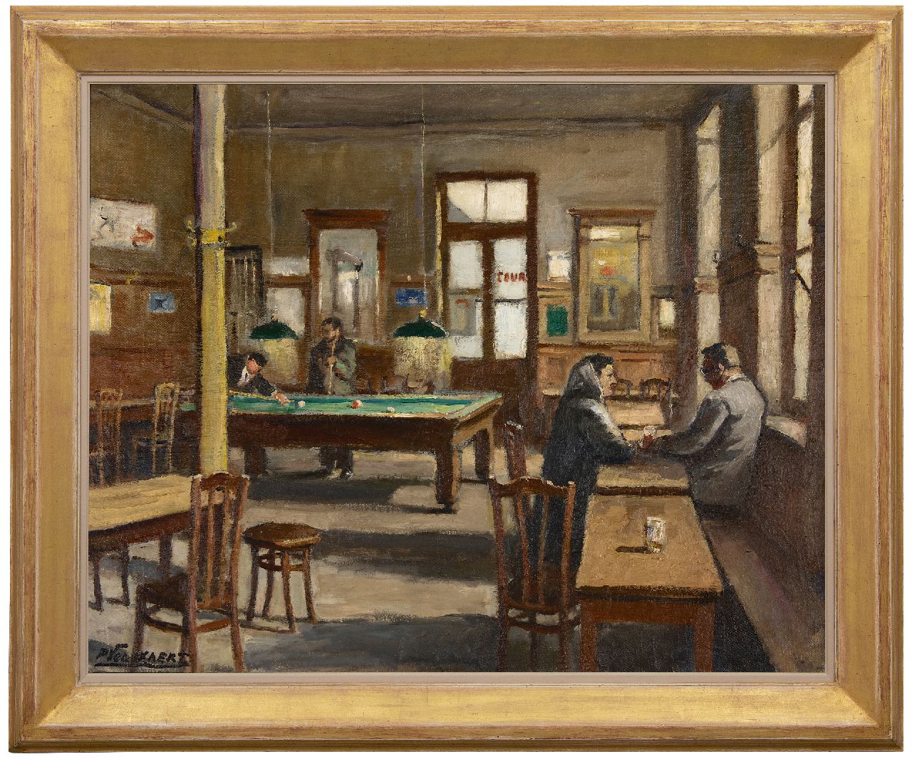 Volckaert P.  | Piet Volckaert | Schilderijen te koop aangeboden | De biljartzaal van café Le Lievekenshoek in Brussel, olieverf op doek 80,5 x 100,7 cm, gesigneerd linksonder en verso