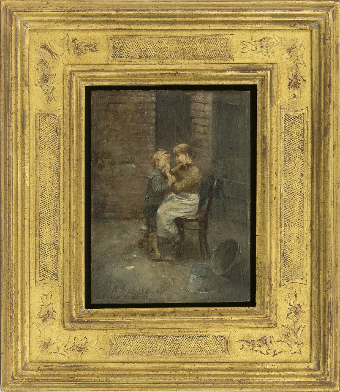 Lieberg M.  | Max Lieberg, Moeders goede zorg, olieverf op paneel 12,0 x 9,0 cm, gesigneerd linksonder en 'Düsseldorf' 1891
