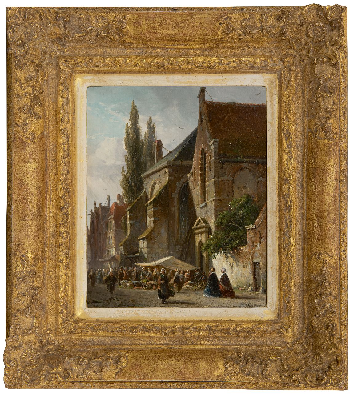 Eversen A.  | Adrianus Eversen | Schilderijen te koop aangeboden | Marktdag bij de kerk, olieverf op paneel 19,0 x 15,3 cm, gesigneerd rechtsonder
