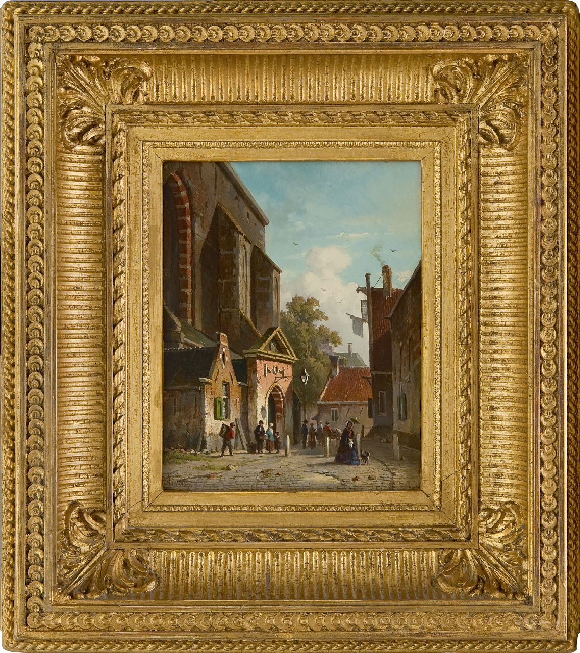 Eversen A.  | Adrianus Eversen, De zuidingang van de Waalse Kerk, Haarlem, olieverf op paneel 19,2 x 15,2 cm, gesigneerd linksonder voluit en met monogram