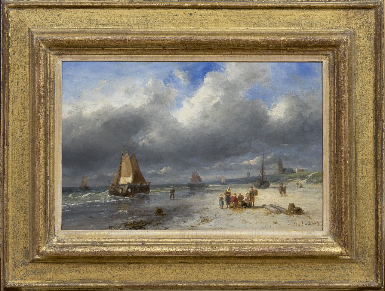 Leickert C.H.J.  | 'Charles' Henri Joseph Leickert, Visafslag en schepen op het strand van Scheveningen, olieverf op paneel 25,8 x 40,3 cm, gesigneerd rechtsonder
