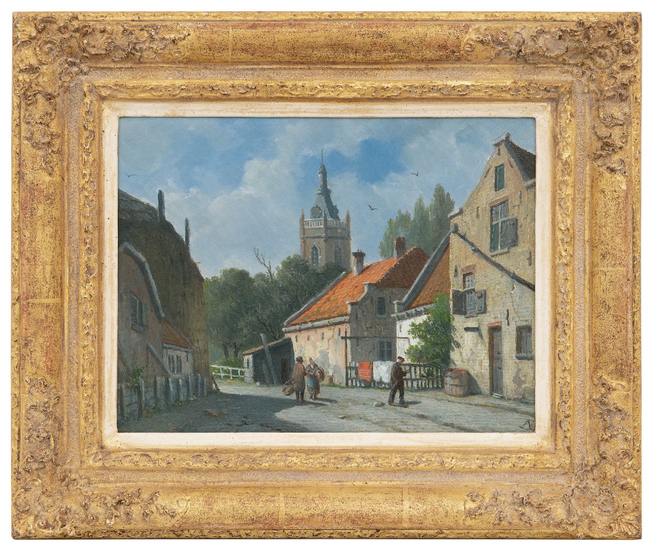 Eversen A.  | Adrianus Eversen | Schilderijen te koop aangeboden | Zonnig stadsgezicht in Overschie, olieverf op paneel 20,7 x 26,8 cm, gesigneerd rechtsonder met monogram