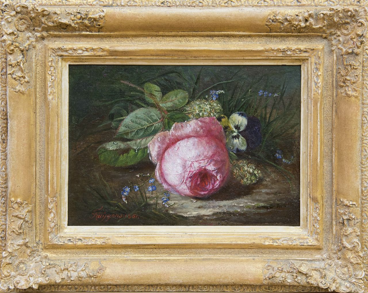 Huygens F.J.  | 'François' Joseph Huygens | Schilderijen te koop aangeboden | Roos en wilde bloemen op de bosgrond, olieverf op paneel 18,9 x 26,1 cm, gesigneerd linksonder en gedateerd 1861