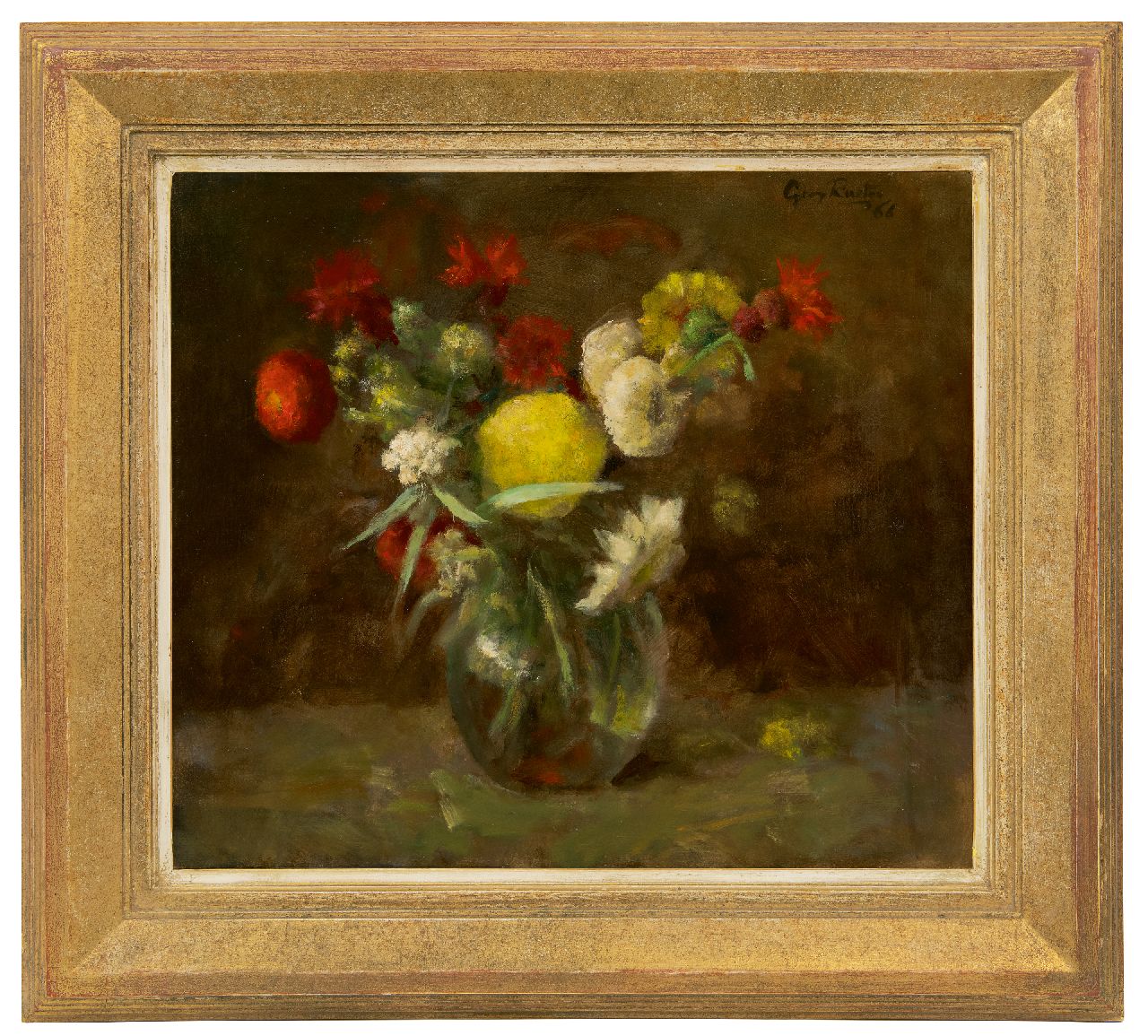 Rueter W.C.G.  | Wilhelm Christian 'Georg' Rueter | Schilderijen te koop aangeboden | Bloemen in glazen vaas, olieverf op doek 39,8 x 45,0 cm, gesigneerd rechtsboven en gedateerd '66