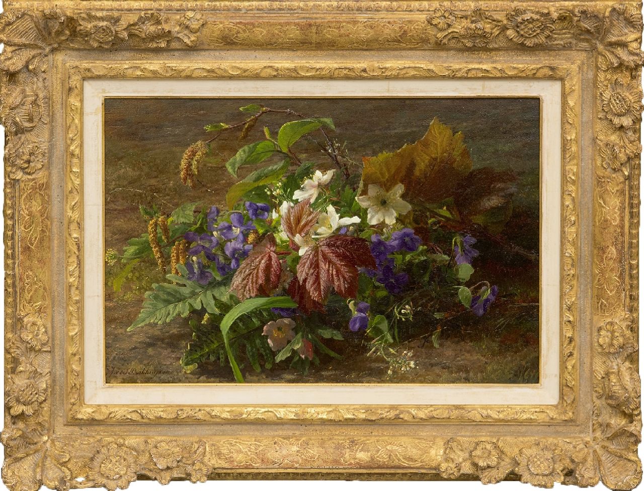 Sande Bakhuyzen G.J. van de | 'Gerardine' Jacoba van de Sande Bakhuyzen, Herfstboeket met wilde viooltjes op de bosgrond, olieverf op paneel 24,8 x 36,6 cm, gesigneerd linksonder