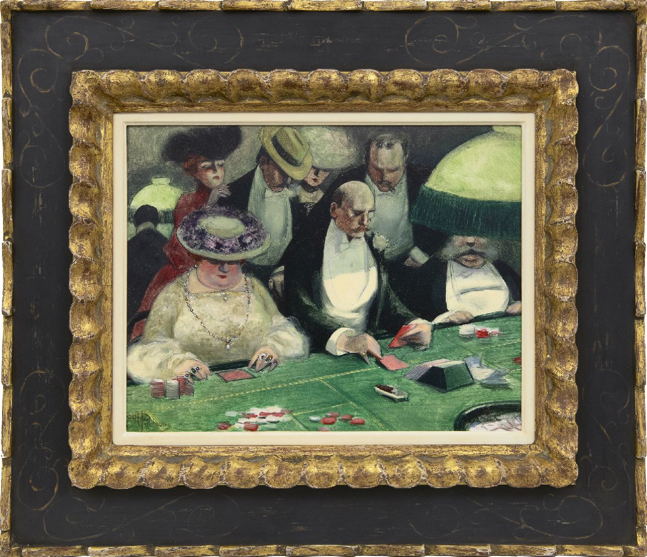 Guillaume A.  | Albert Guillaume | Schilderijen te koop aangeboden | Hoog spel aan de Baccarattafel, pen en olieverf op schildersboard 26,8 x 35,0 cm, gesigneerd linksonder