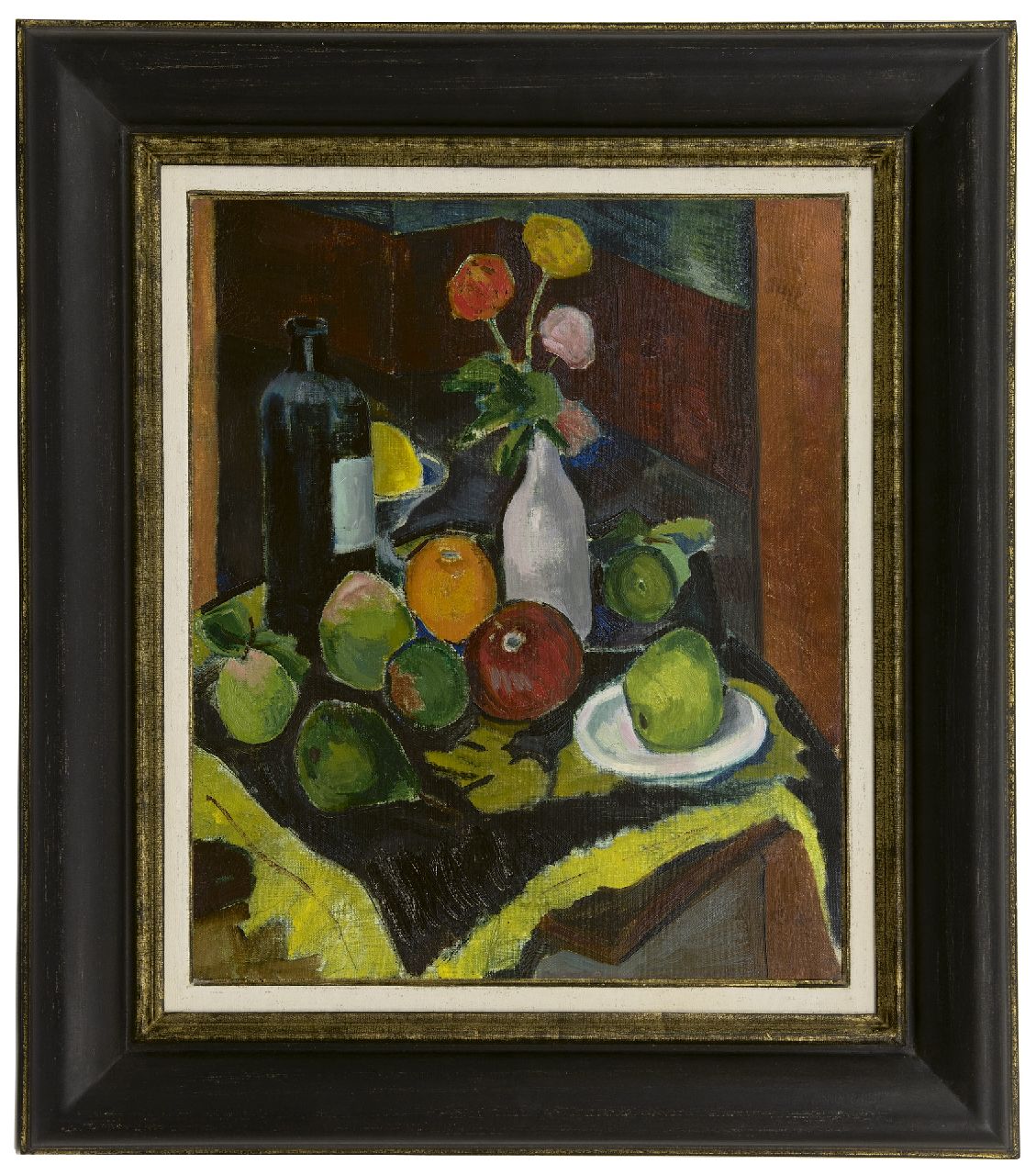 Schelfhout L.  | Lodewijk Schelfhout, Stilleven met fruit, bloemen en fles, olieverf op doek 55,5 x 46,0 cm, gesigneerd rechtsonder en gedateerd 1908
