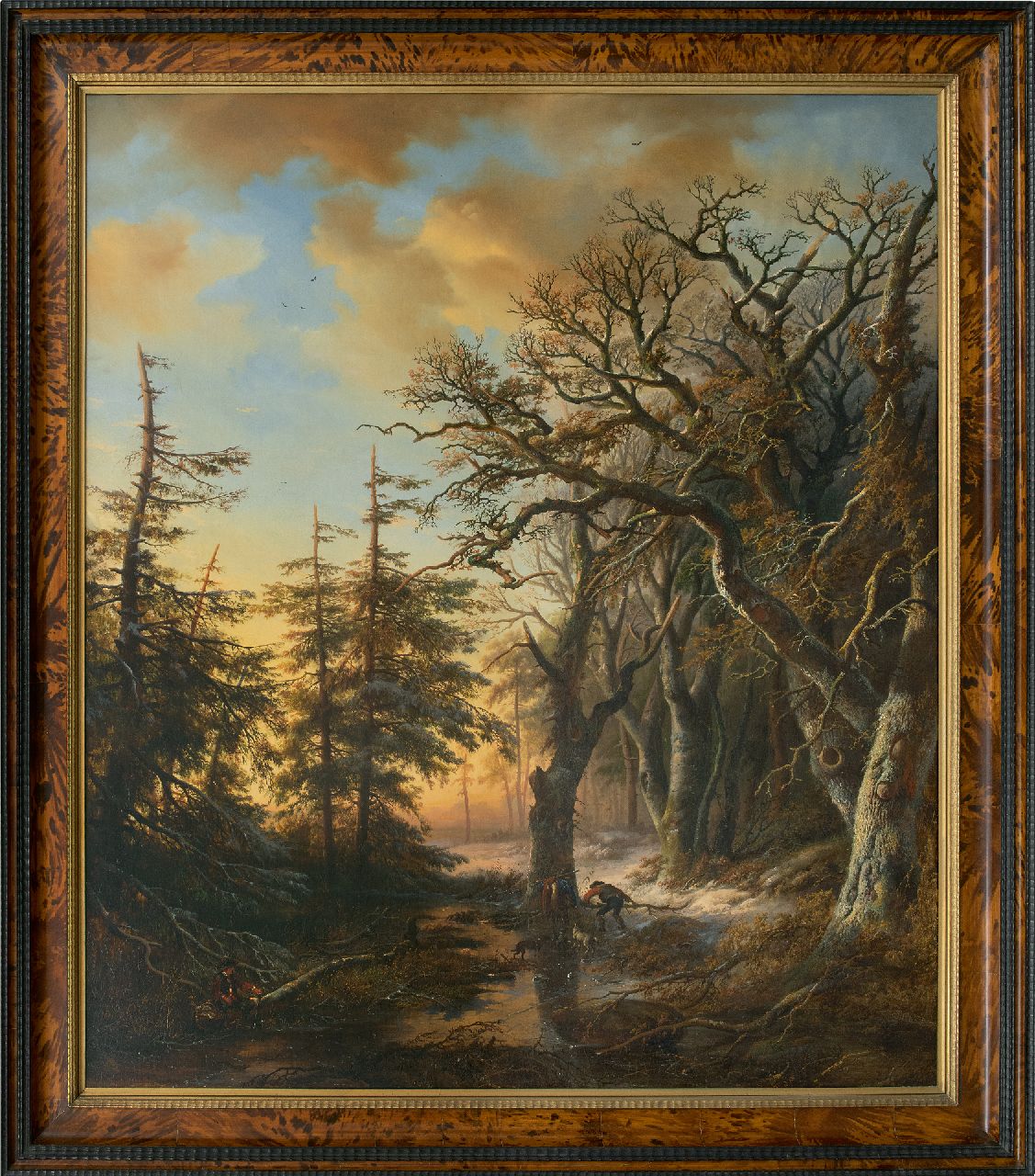 Bodeman W.  | Willem Bodeman, Twee jagers bij een bevroren beek in het bos, olieverf op doek 132,0 x 112,0 cm, gesigneerd linksonder en gedateerd 1847