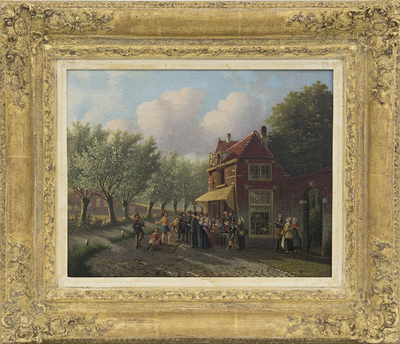 Bles J.  | Joseph Bles | Schilderijen te koop aangeboden | Acrobaat voor een dorpsherberg, olieverf op paneel 20,6 x 26,2 cm, gesigneerd rechtsonder