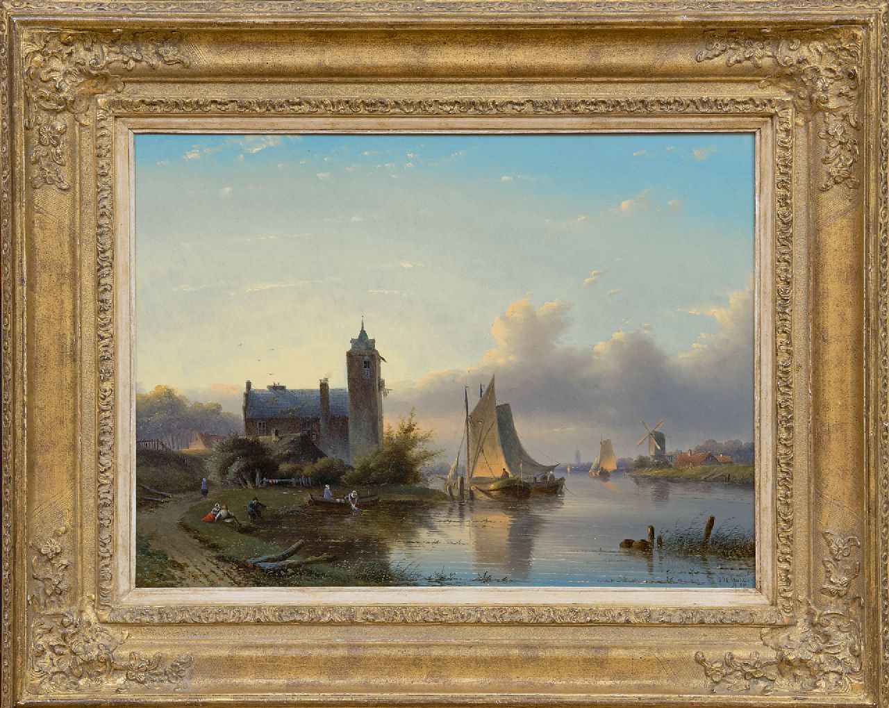 Spohler J.J.C.  | Jacob Jan Coenraad Spohler, Zeilschepen op een zomerse rivier, olieverf op paneel 38,7 x 52,4 cm, gesigneerd rechtsonder en gedateerd '58