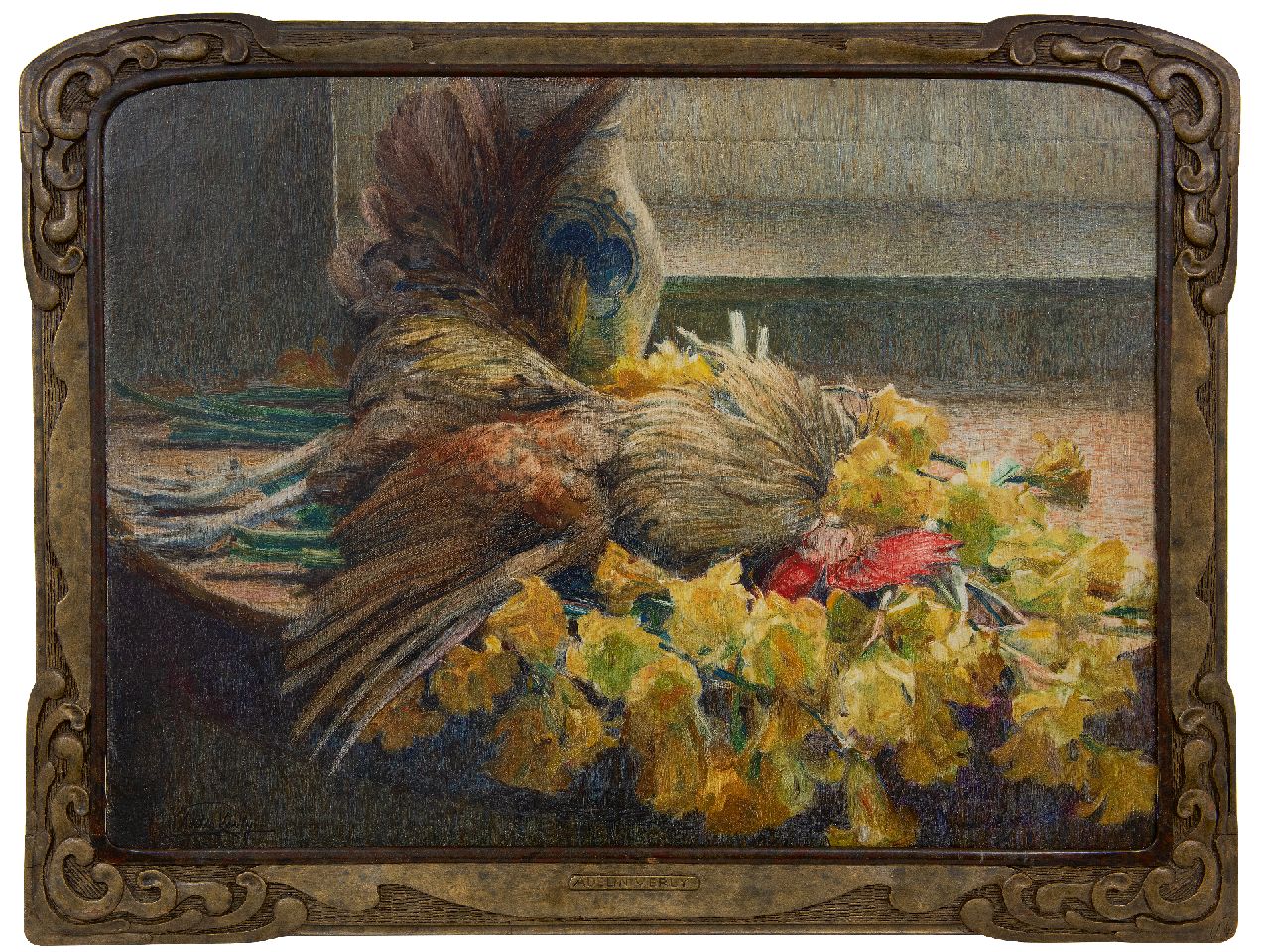 Verly A.  | Adelin Verly | Schilderijen te koop aangeboden | Stilleven van bloemen en pluimvee, olieverf op doek 54,8 x 73,7 cm, gesigneerd linksonder