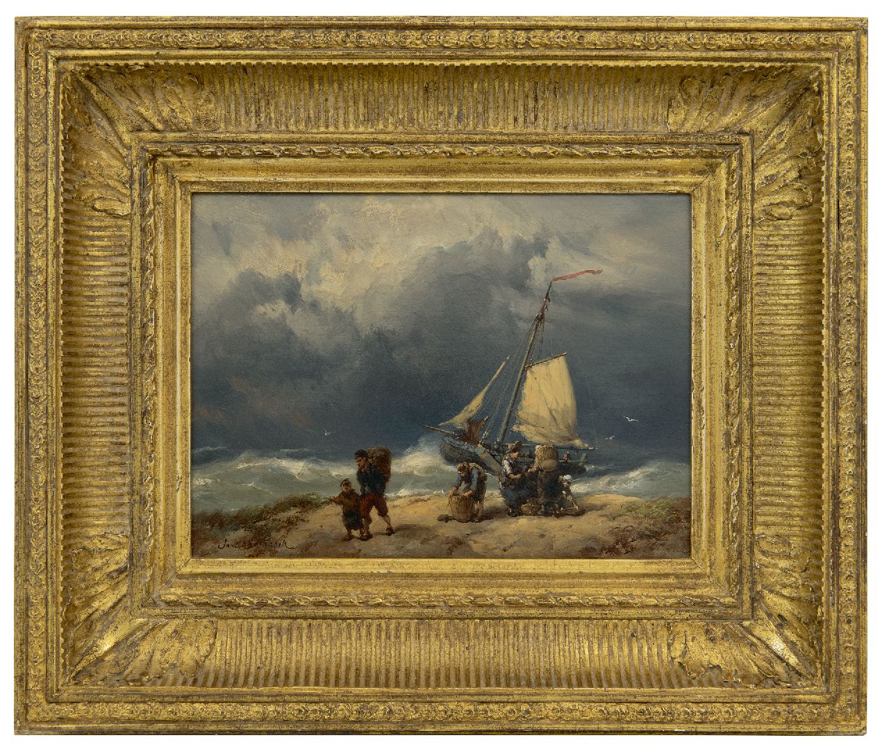Koekkoek J.H.B.  | Johannes Hermanus Barend 'Jan H.B.' Koekkoek | Schilderijen te koop aangeboden | Vissersvolk op het strand in een storm, olieverf op paneel 17,2 x 23,4 cm, gesigneerd linksonder