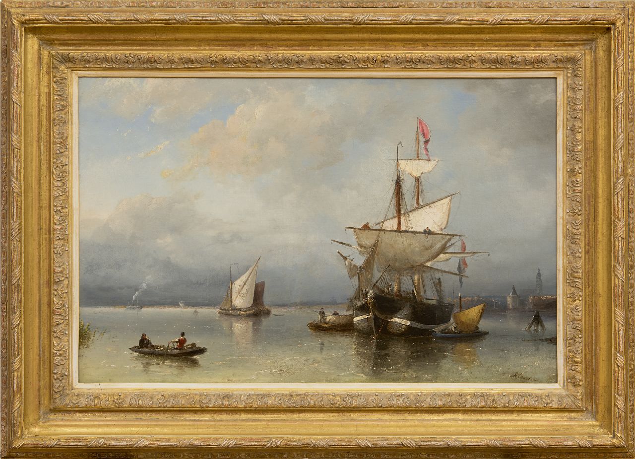 Riegen N.  | Nicolaas Riegen, Schepen voor anker op het IJ voor Amsterdam, olieverf op doek 44,5 x 67,3 cm, gesigneerd rechtsonder