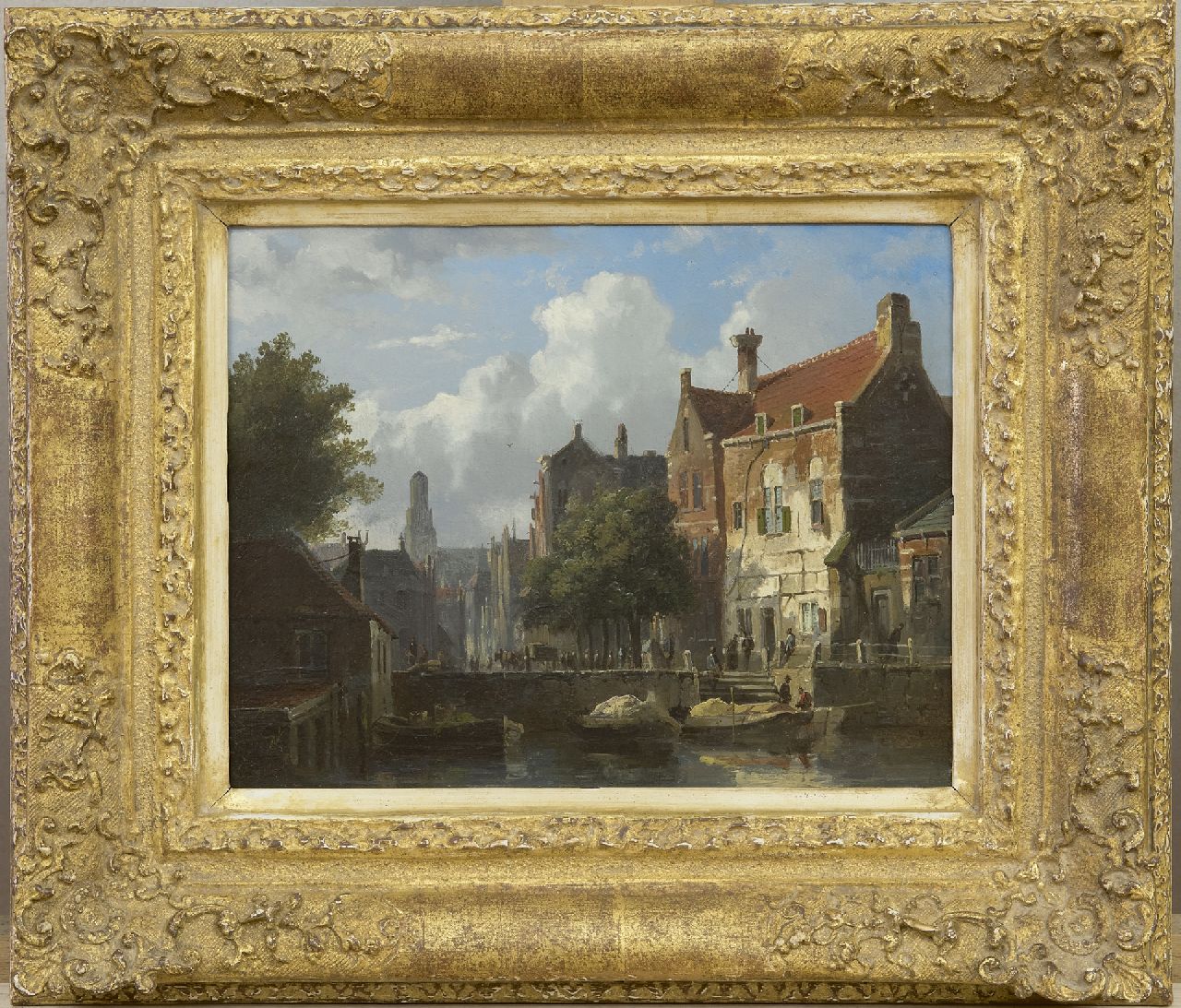 Eversen A.  | Adrianus Eversen, Stadsgezicht met binnenwater, olieverf op paneel 15,0 x 19,1 cm, gesigneerd linksonder