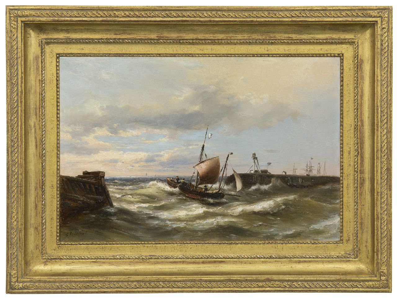 Koekkoek jr. H.  | Hermanus Koekkoek jr., Het binnenvaren van de haven bij een stevige bries, olieverf op paneel 30,3 x 45,7 cm, gesigneerd linksonder