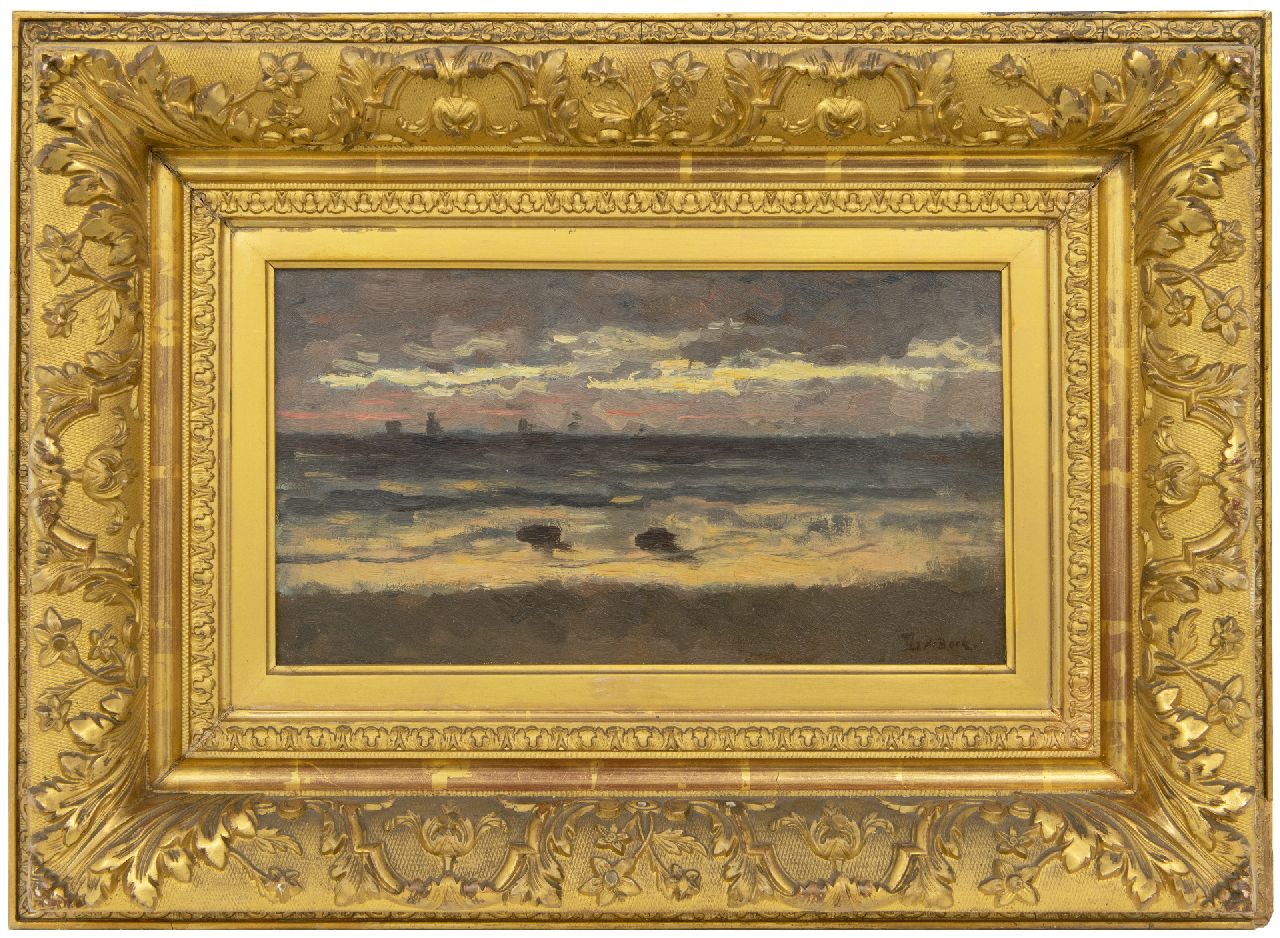 Bock T.E.A. de | Théophile Emile Achille de Bock | Schilderijen te koop aangeboden | Vissersschepen op zee, olieverf op board 21,3 x 38,5 cm, gesigneerd rechtsonder
