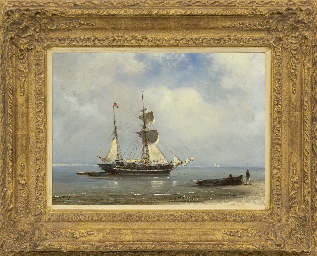 Schiedges P.P.  | Petrus Paulus Schiedges | Schilderijen te koop aangeboden | Schoenerbrik voor anker op kalme zee, olieverf op paneel 24,6 x 34,1 cm, gesigneerd linksonder en gedateerd '59