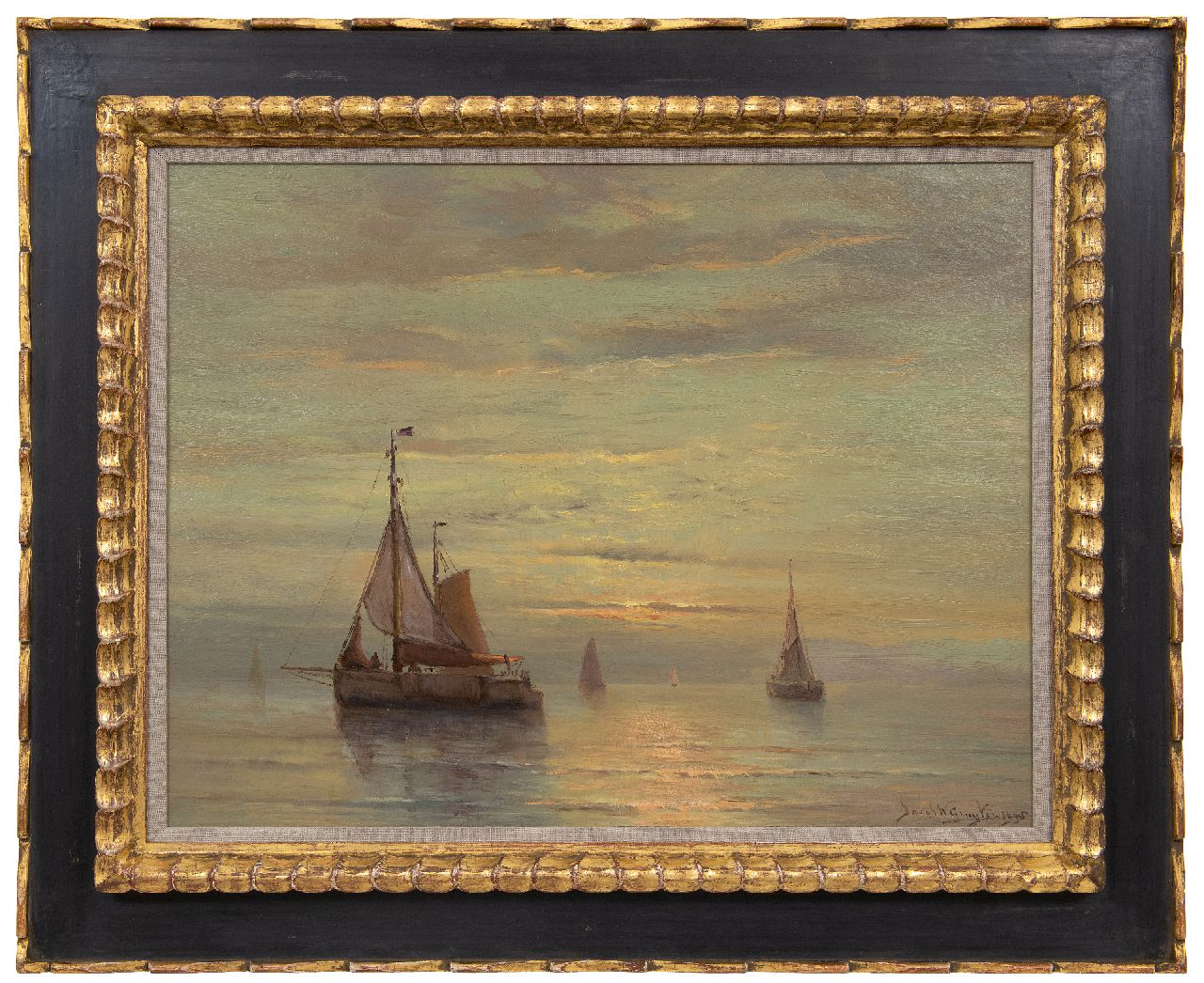 Gruijter J.W.  | Jacob Willem Gruijter | Schilderijen te koop aangeboden | Schepen op kalme zee bij zonsondergang, olieverf op paneel 50,4 x 65,0 cm, gesigneerd rechtsonder en gedateerd 1905